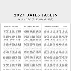 2027年日付ステッカー、1月から12月までの日付ステッカー、ほぼ日手帳ステッカー、3.5mmと4mmのグリッド｜ミニマルプランナーステッカー、ジャーナルステッカー