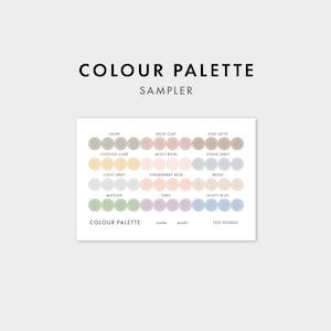 May include: A colour palette sampler card featuring rows of circular swatches in various pastel shades. The text reads COLOUR PALETTE SAMPLER at the top, with labels like Taupe, Rose Clay, Iced Latte, Chiffon Cake, Misty Rose, Stone Grey, Light Grey, Strawberry Milk, Beige, Matcha, Taro, and Dusty Blue. The bottom text reads COLOUR PALETTE matte washi 1521 STUDIO.