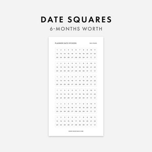 Square Date Stickers, 6 months worth | Date Stickers, Numbers Stickers, Minimal Stickers, Bullet Journal Date Stickers, Calendar Stickers
