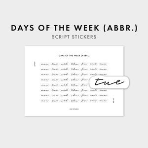 May include: A white sticker sheet featuring rows of black script text displaying the days of the week abbreviated as mon, tue, ved, thu, fre, sat, sun. The text DAYS OF THE WEEK (ABBR.) SCRIPT STICKERS and 1321 STUDIO are printed on the sheet.