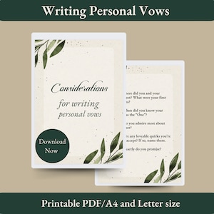 May include: Printable PDF guide with green foliage illustrations and text that says "Considerations for writing personal vows" and "Download Nowt". The guide includes prompts for writing wedding vows.