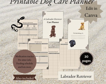 La guía definitiva para planificar el cuidado de perros y cachorros de Labrador Retriever, personalizable en Canva, imprimible. Ideal para criadores de labradores