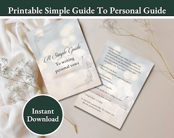 May include: A printable guide with tips for writing personal wedding vows. The guide features a light blue background with white text and a decorative border. The text includes tips like "Keep it simple" and "Speak from the heart".