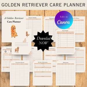 Peut inclure: Planificateur de soins pour Golden Retriever imprimable avec des sections pour les informations du pet-sitter, les registres de vaccination, les médicaments, le calendrier d'alimentation, les notes et plus encore. Le planificateur présente une illustration aquarelle d'un Golden Retriever.