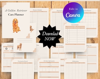 Golden Retriever, Editable, Imprimible, Planificador de cuidado de perros, Lista de verificación de cachorros, Entrenamiento de perros, Diario de cuidado de mascotas, Descargable, Retriever, Goldie
