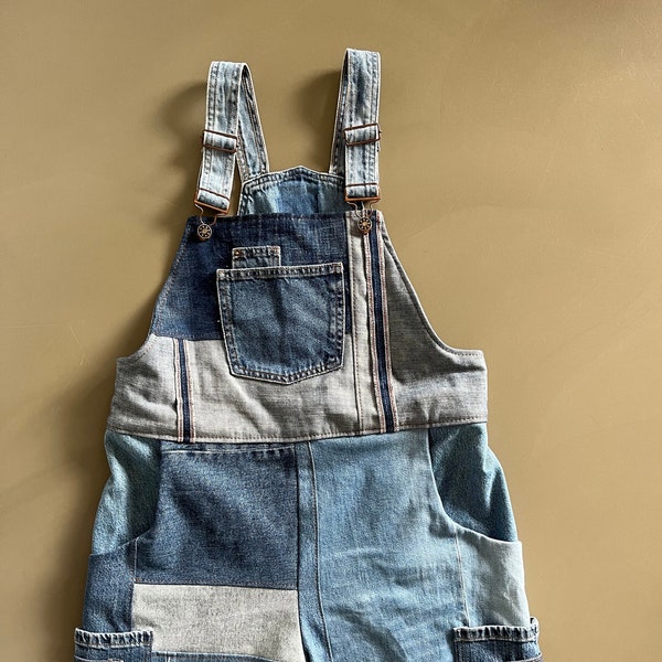 Patched Dungarees - Blue Denim Overalls - Patchwork Overalls - Upcycled Fashion Jumpsuit - Blue Denim Romper - XL Handmade Overalls