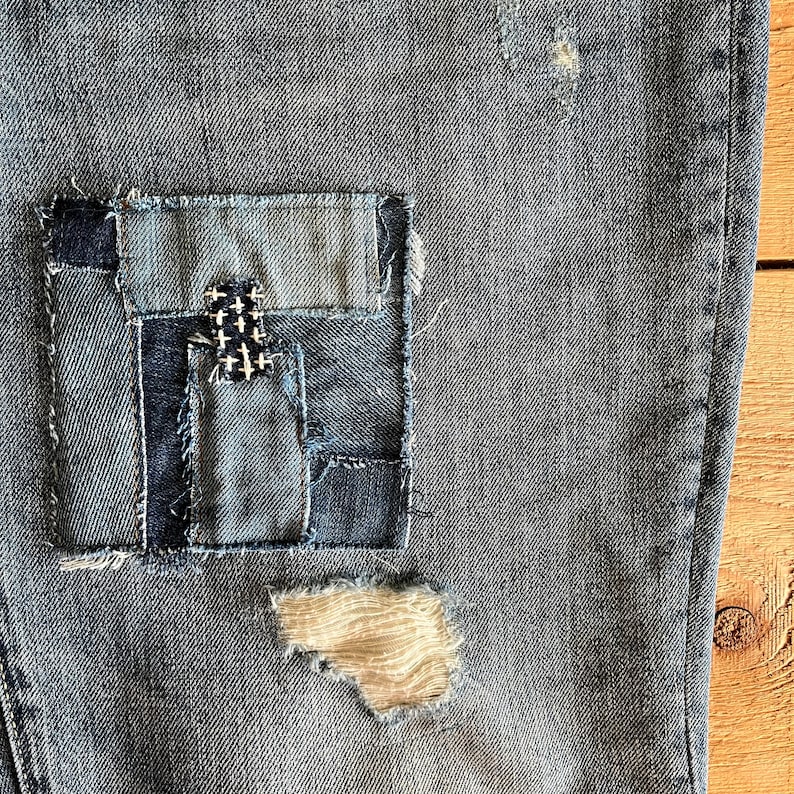 Sashiko Embroidered Patch Blue Jeans Patch Recycled Denim Applique