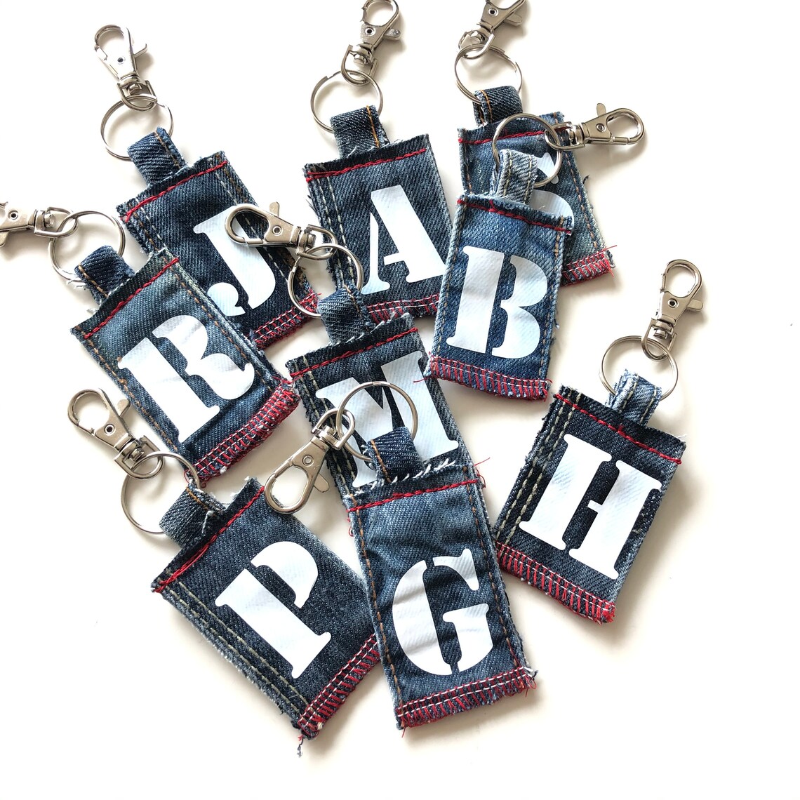 Blue Denim Keychain Repurposed Keychain Initials Keychain Blue Denim