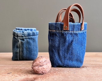 Mini Blue Gift Bag Set - Handmade Small Repurposed Denim Baskets - Cute Reusable Jeans Gift Bags - Eco Friendly Gift