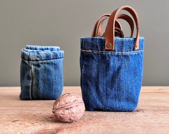 Mini Blue Gift Bag Set - Handmade Small Repurposed Denim Baskets - Cute Reusable Jeans Gift Bags - Eco Friendly Gift