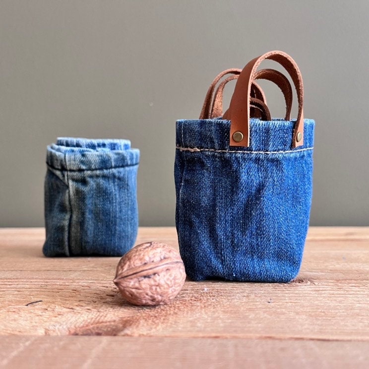 Mini Blue Gift Bag Set Handmade Small Repurposed Denim Baskets 