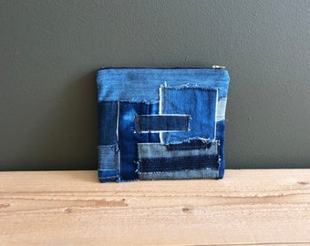 Patchwork Jeans Toiletry Bag - Repurposed Blue Jeans Zipper Pouch - Gift Idea For Him - Small Tool Pouch - Denim Wallet Pencil Case