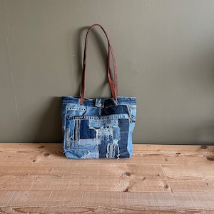 Upcycled Denim Patchwork Tote Bag: Handmade Jeans Shoulder Bag