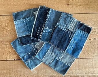 Sashiko Embroidered Patch - Blue Jeans Patch - Recycled Denim Applique - Visible Mending Repair - Slow Stitching - Clothes Embellishing