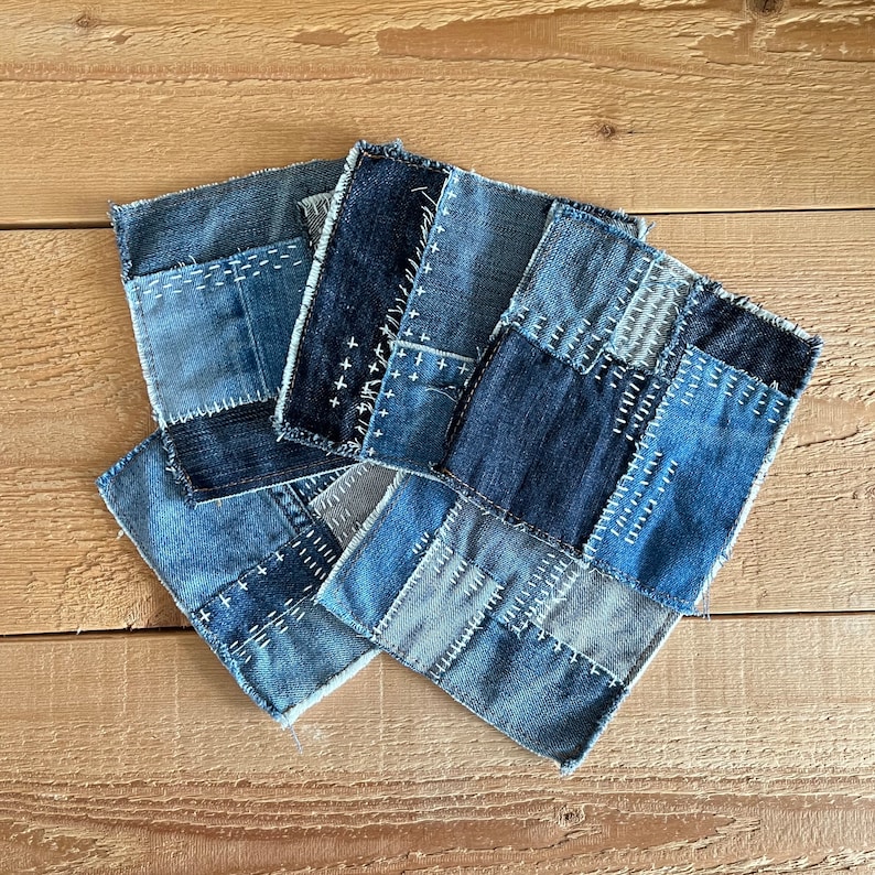 Sashiko Embroidered Patch Blue Jeans Patch Recycled Denim Applique Visible Mending Repair Slow Stitching Clothes Embellishing image 1