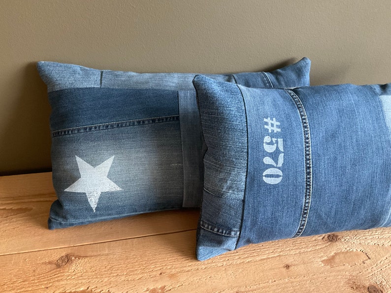 Denim Lumbar Pillow Cover With Star Blue Jeans Cushion Cover Etsy