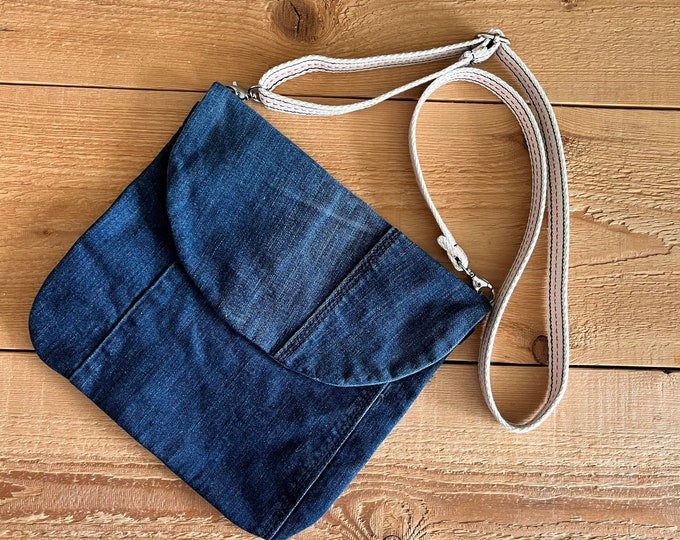 Blue Denim Crossbody Bag Upcycled Small Shoulder Bag Repurposed Eco