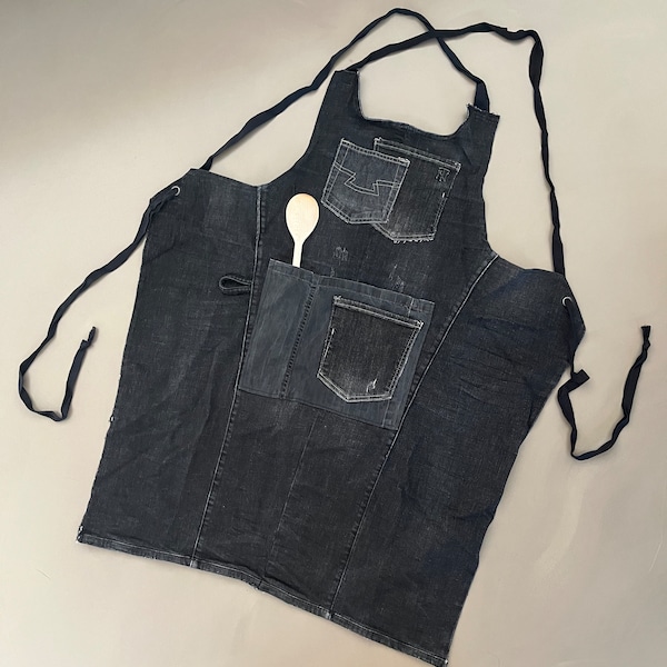 Tablier de cuisine noir - Tablier avec poches - Tablier barbecue noir - Tablier en denim noir - Tablier croisé dans le dos - Cadeau pour la fête des pères - Cadeau écologique