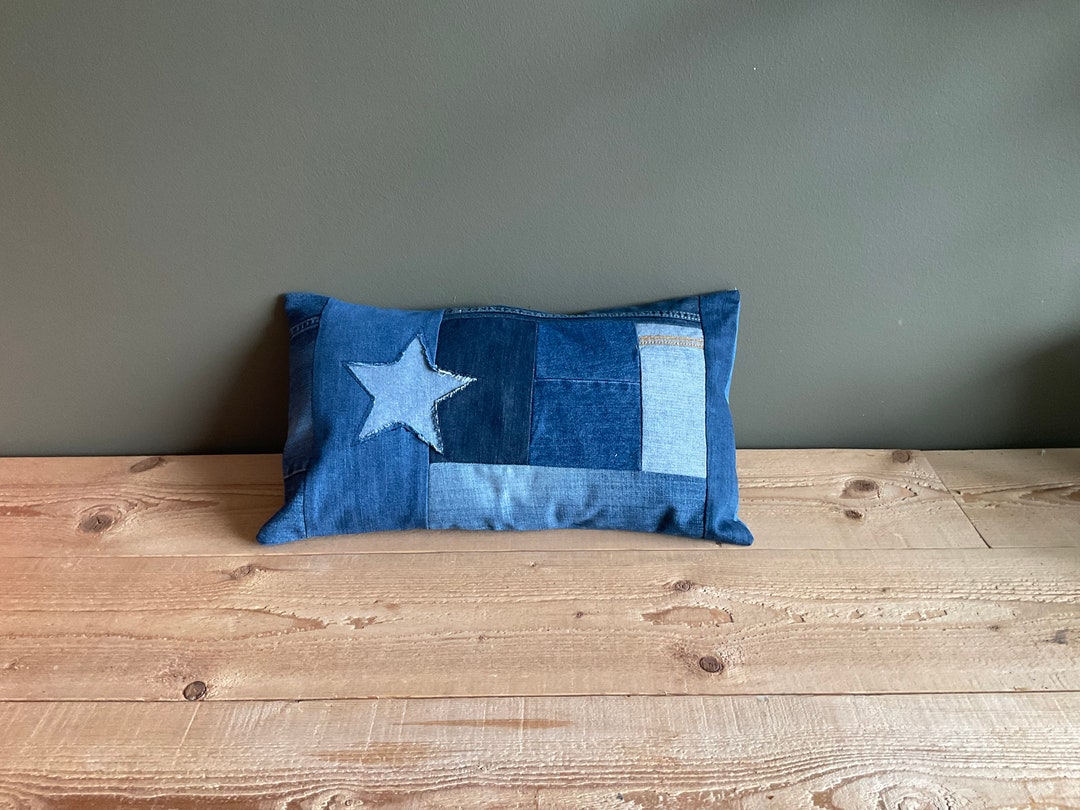 Denim Lumbar Pillow Cover Sturdy Blue Jeans Cushion Cover Etsy