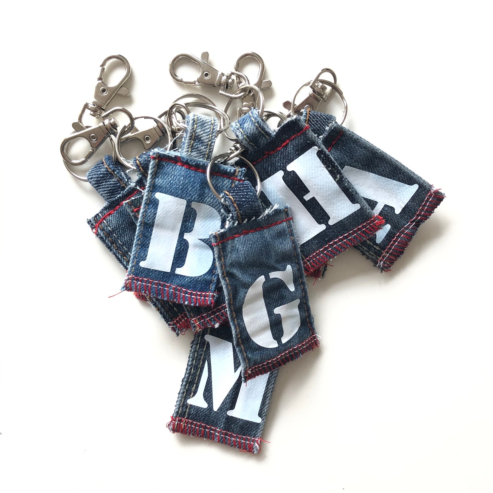 Blue Denim Keychain Repurposed Keychain Initials Keychain Blue Denim