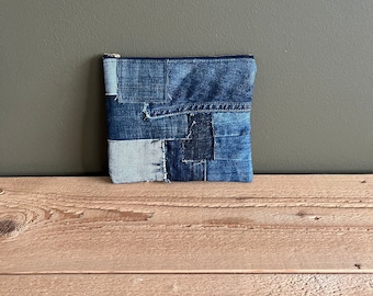 Patchwork Jeans Toiletry Bag - Repurposed Blue Jeans Zipper Pouch - Gift For Him - Small Tool Pouch - Denim Pencil Case