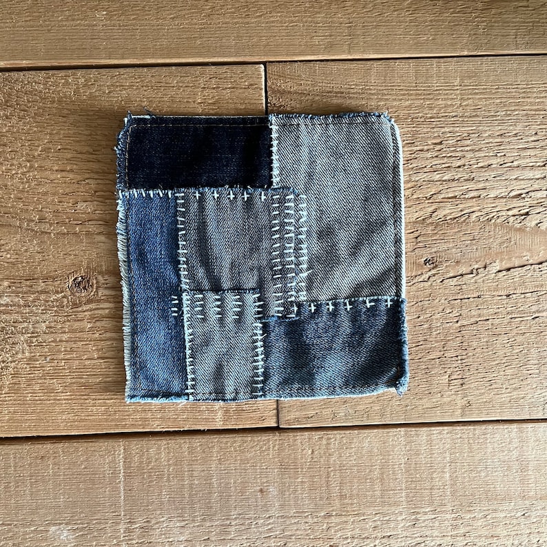 Sashiko Embroidered Patch Blue Jeans Patch Recycled Denim Applique Visible Mending Repair Slow Stitching Clothes Embellishing D