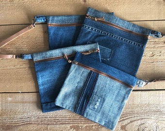 Blue Denim Ritszakje - Handgemaakt schoudertasje - Hergebruikte Upcycled Jeans Portemonnee - Kleine spijkertas - Blauw denim schoudertasje