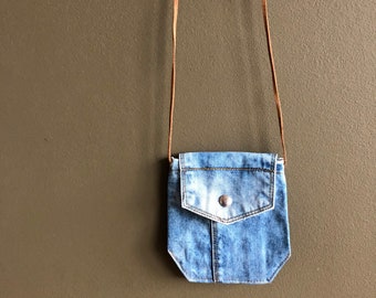 Small Denim Bag - Upcycled Blue Bag - Denim Shoulder Bag - Repurposed Handmade Blue Jeans Pocket Bag - Festival Purse - Phone Bag