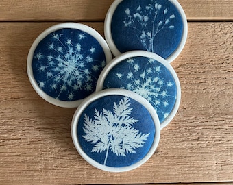 Handmade Cyanotype Denim Wall Art: Botanical Print on Upcycled Fabric