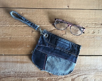 Denim Zipper Pouch - Small Handmade Pouch - Repurposed Jeans Bag - Patchwork Wristlet - Upcycled Denim Pouch - Blue Zipper Purse