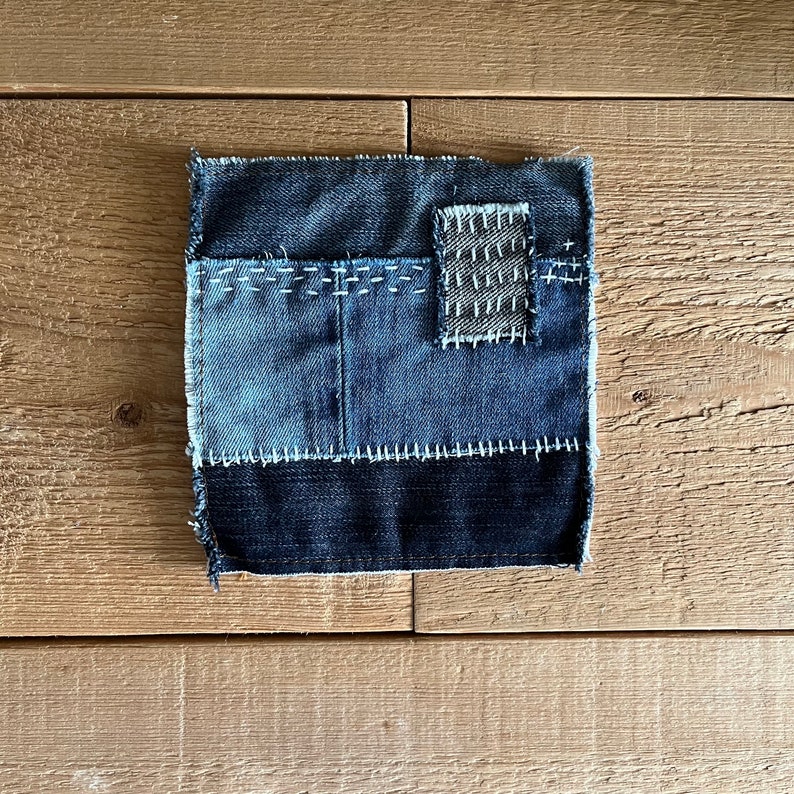 Sashiko Embroidered Patch Blue Jeans Patch Recycled Denim Applique Visible Mending Repair Slow Stitching Clothes Embellishing E