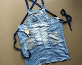 Recycled Denim Cross-Back Apron: Upcycled Jean Apron with Pockets