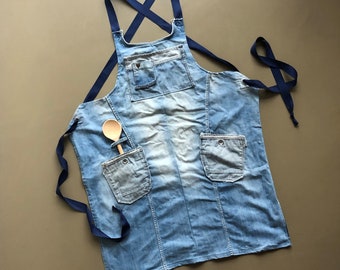 Recycled Denim Cross-Back Apron: Upcycled Jean Apron with Pockets