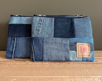 Blue Denim Toiletry Bag - Repurposed Blue Jeans Pouch - Blue Patchwork Pouch - Denim Zipper Pouch - Gift Idea For Him - Small Tool Pouch