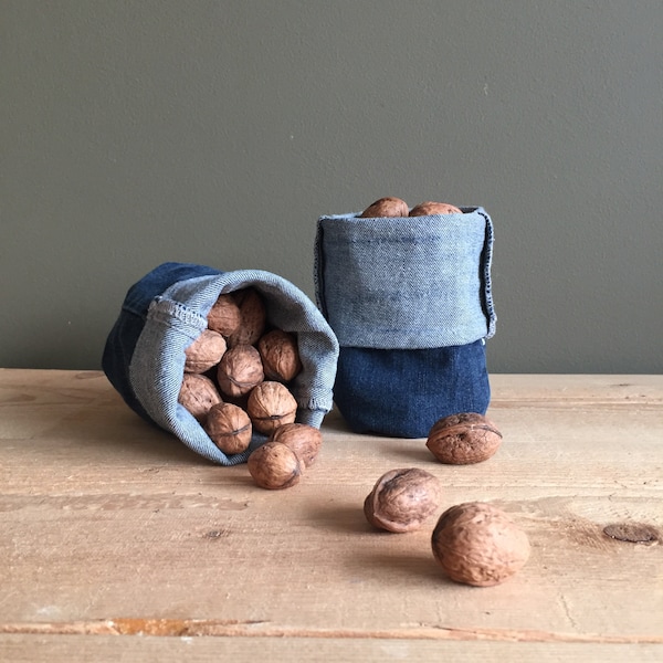 Blue Jeans Basket - Blue Denim Container - Small Repurposed Basket - Recycled Basket - Makeup Organizer - Lego Storage Bins - Nursery Gift