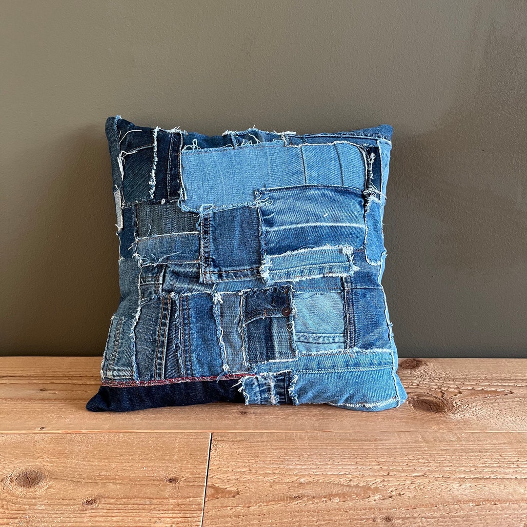 Denim Cushion Cover Blue Pillow Cover Patchwork Cushion Square Cushion