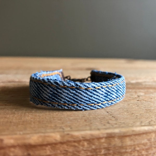 Upcycled Bracelet - Adjustable Blue Denim Bracelet - Handmade Unisex Gift - Repurposed Minimal Jeans Fabric Bracelet - Blue Denim Jewelry