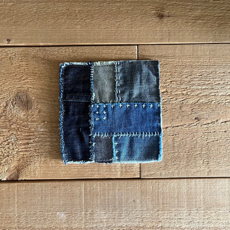 Sashiko Embroidered Patch Blue Jeans Patch Recycled Denim Applique Visible Mending Repair Slow Stitching Clothes Embellishing A