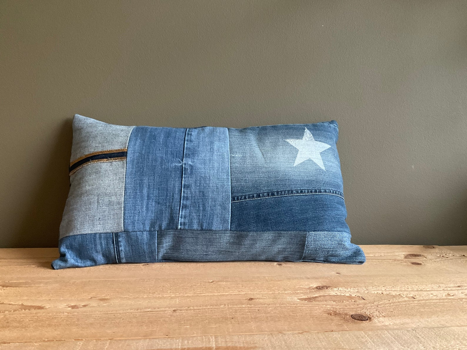 Denim Lumbar Pillow Cover With Star Blue Jeans Cushion Cover Etsy