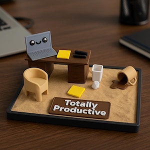 May include: A miniature zen garden with a desk, chair, laptop, and coffee cup. The desk has yellow sticky notes and a sign that reads "Totally Productive". The laptop has a smiling face.