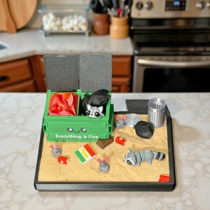 Garbage Fire Zen Garden - Fidget Dumpster Sandbox Toy - Cubicle Decor - Sensory Work Gift - Secret Santa - Mini Raccoon - Coworker Gift
