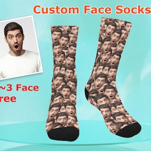 May include: A pair of custom face socks with a repeated pattern of a man's face. The socks are black and white with a brown and tan face pattern. The text "1~3 Face Free" is visible in the image.