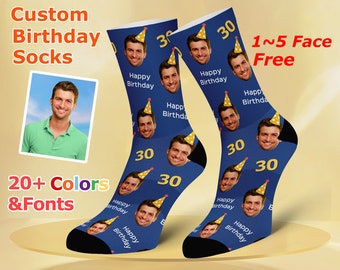 Custom Birthday Socks, Happy Birthday Face Socks, 20th, 30th, 40th, 50th Birthday Gift, Personalized Socks, Funny socks, Birthday hat socks