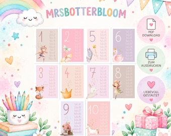 May include: A digital educational poster titled MRSBOTTERBLOOM featuring multiplication tables from 1 to 10, decorated with watercolor illustrations of fairies, animals, a rainbow, and stars, alongside icons for PDF download and printing.