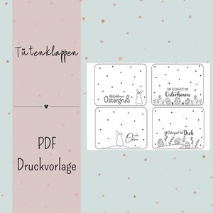 Könnte beinhalten: Vier druckbare Oster-Geschenk-Etiketten mit Schwarz-Weiß-Illustrationen von Hasen, Eiern und Blumen. Der Text auf den Etiketten lautet "Fröhlicher Ostergruß", "Die Kleinigkeit vom Osterhasen", "Ostergruß für Dich" und "Ostergruß".