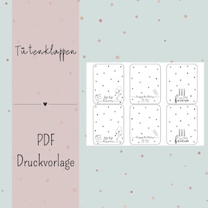 Puede incluir: Plantilla PDF imprimible para toppers de bolsas de regalo. El diseño presenta una ilustración en blanco y negro de un pastel de cumpleaños con velas, globos y el texto "Feliz cumpleaños para ti" y "Celebremos".