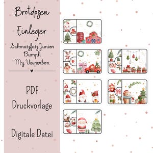 Könnte beinhalten: Eine digitale PDF-Datei mit weihnachtlichen Brotdosen-Einlegern. Die Einleger zeigen festliche Illustrationen von Weihnachtsmännern, Zwergen und Urlaubsszenen. Der Text auf dem Bild enthält "Brotosen Einleger" und "Digitale Datei".