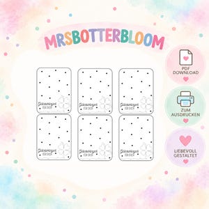 May include: Six rectangular white cards with black polka dots, each featuring a line drawing of a four-leaf clover and the German text "Glücksbringer FÜR DICH". The cards are arranged in two rows of three against a soft pastel watercolor background.