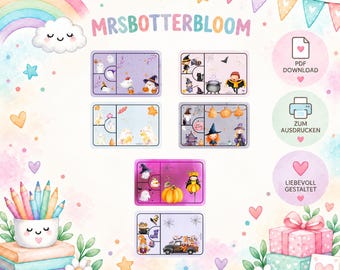 Könnte beinhalten: Ein digitales Set zum Ausdrucken mit sechs rechteckigen Karten, die Halloween-Motive wie Geister, Hexen, Kürbisse und einen Truck zeigen. Das Design enthält einen Regenbogen, Sterne, Herzen und den Text MRSBOTTERBLOOM, PDF DOWNLOAD, ZUM AUSDRUCKEN, LIEBEVOLL GESTALTET.