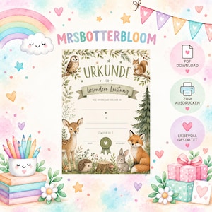 Könnte beinhalten: Eine druckbare Urkundenvorlage mit dem Titel URKUNDE FÜR besondere Leistung, verziert mit Waldtieren wie Eule, Eichhörnchen, Reh, Igel, Hase und Fuchs. Das Design enthält pastellfarbene Regenbogenakzente, Buntstifte in einem Becher und Geschenkboxen.